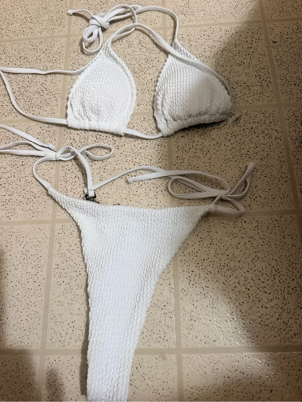 White Two-Piece String Bikini with Jeweled back Accent